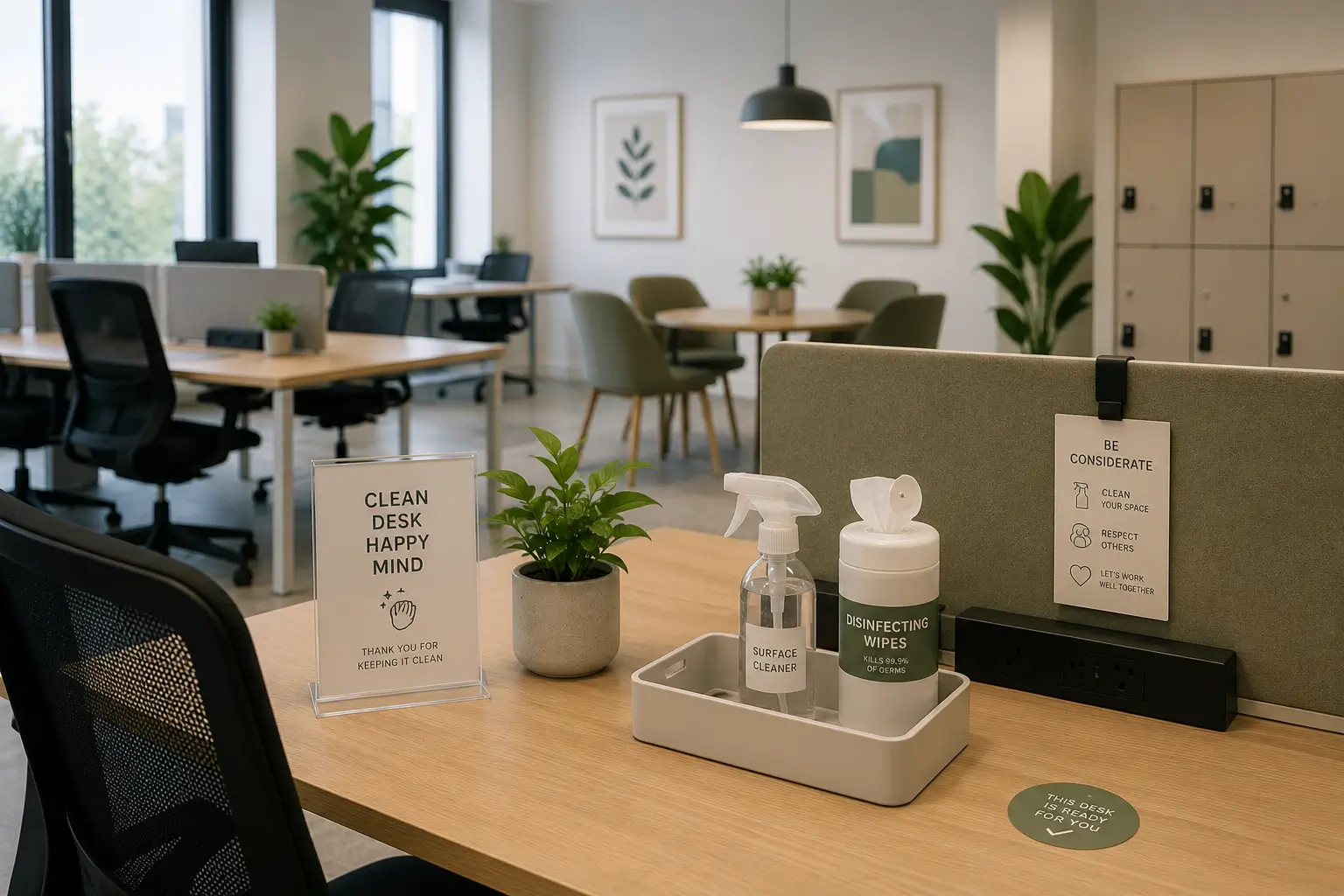 Clean and hygienic hot-desking workspace in a hybrid office